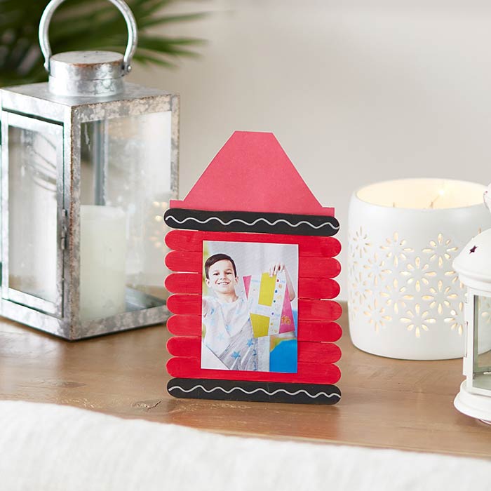 crayon school picture frame craft. front view with printed photo.