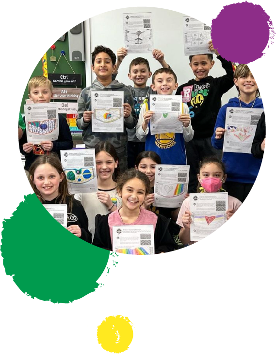 Children displaying activity sheets