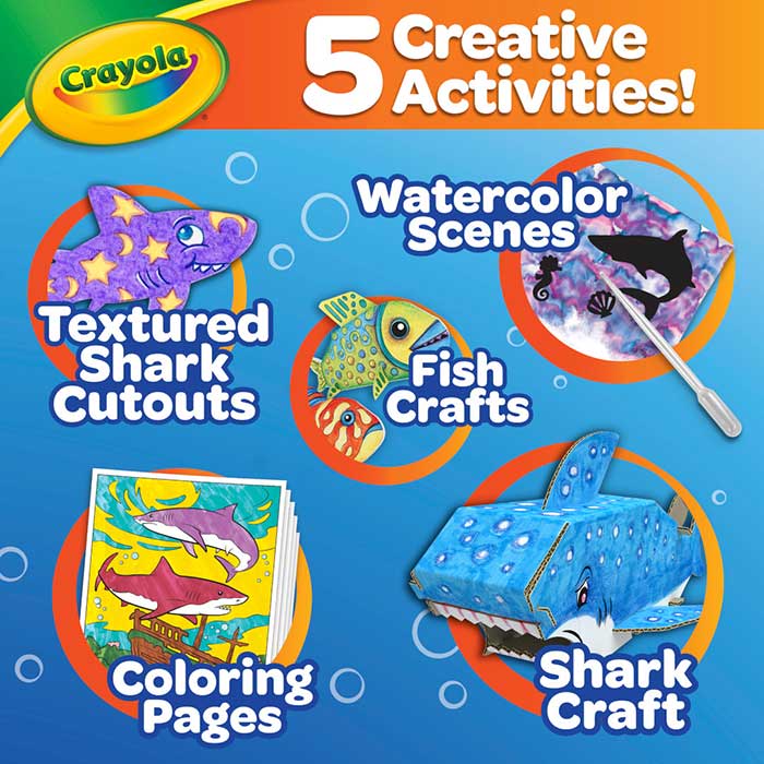 Sharks 5-in-1 Creativity Kit. 5 creative activities! textured shark cutouts. Watercolor scenes. fish crafts. coloring pages. shark craft.