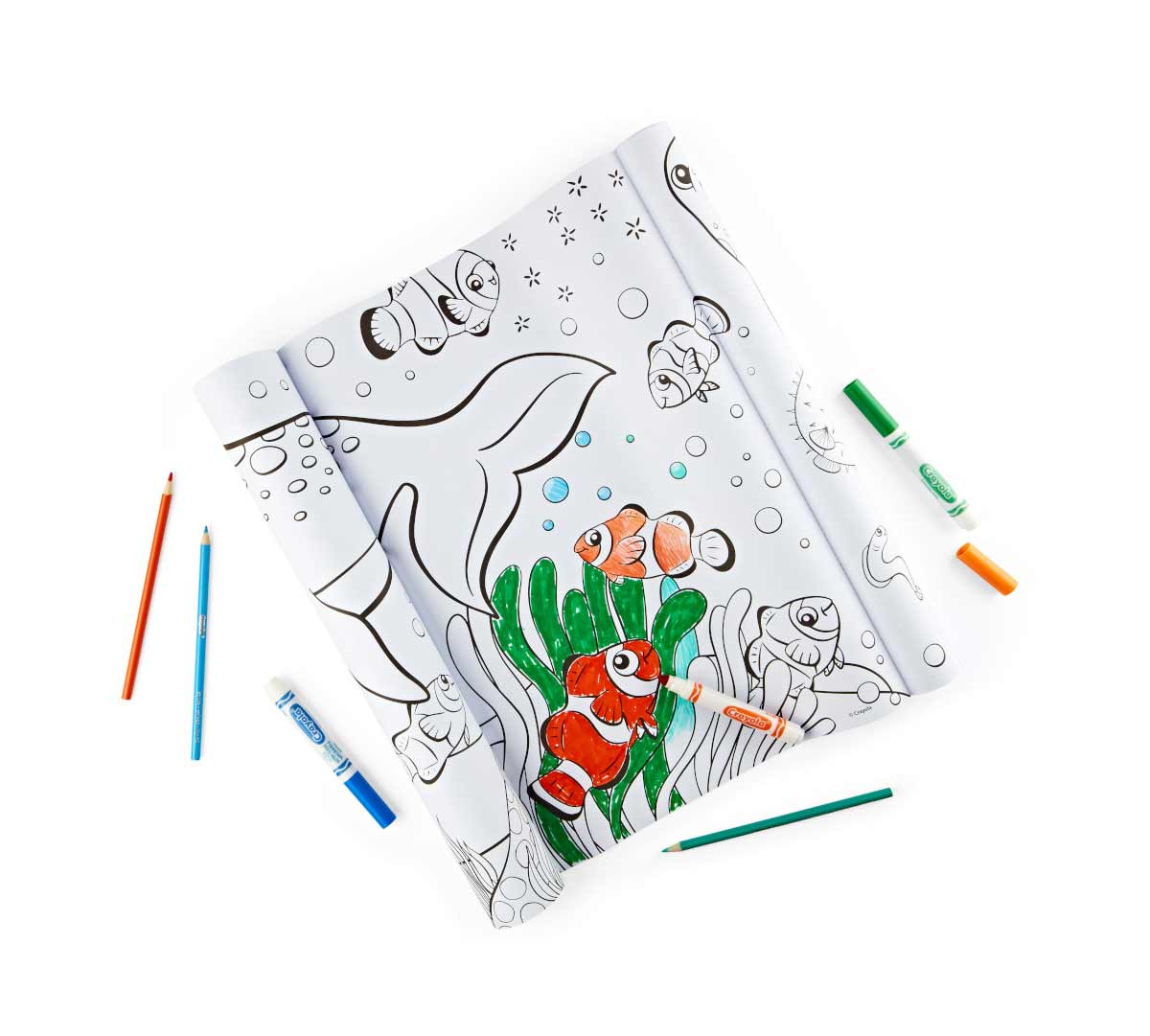 Deep Sea Friends Giant Coloring Roll partially colored sheet surrounded by markers and pencils