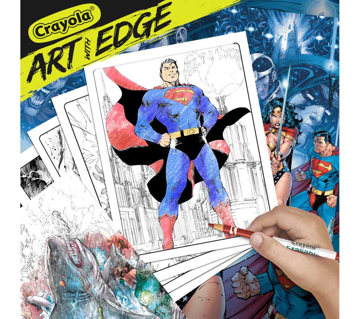 Art with Edge Justice League Coloring Book  28 pages. Hand coloring in a Superman page.
