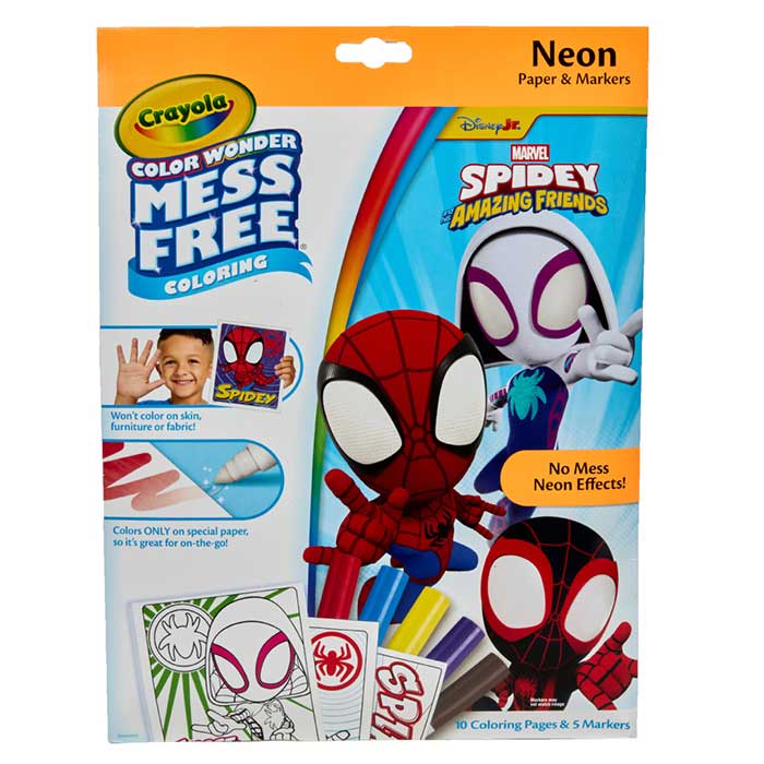 Color Wonder Mess Free Spidey & His Amazing Friends Neon Coloring Pages & Markers front view.