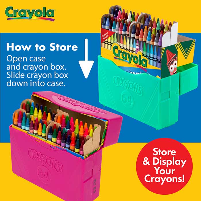 Classic & Limited Edition Crayons, 64 Crayons with case how to store.  Open case and crayon box. Slide crayon box down into case. Store & Display your crayons!