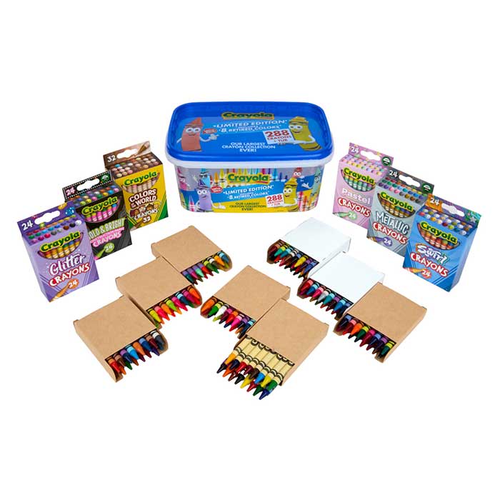 Limited Edition Crayon Tub, 288 Colors packaging and contents.