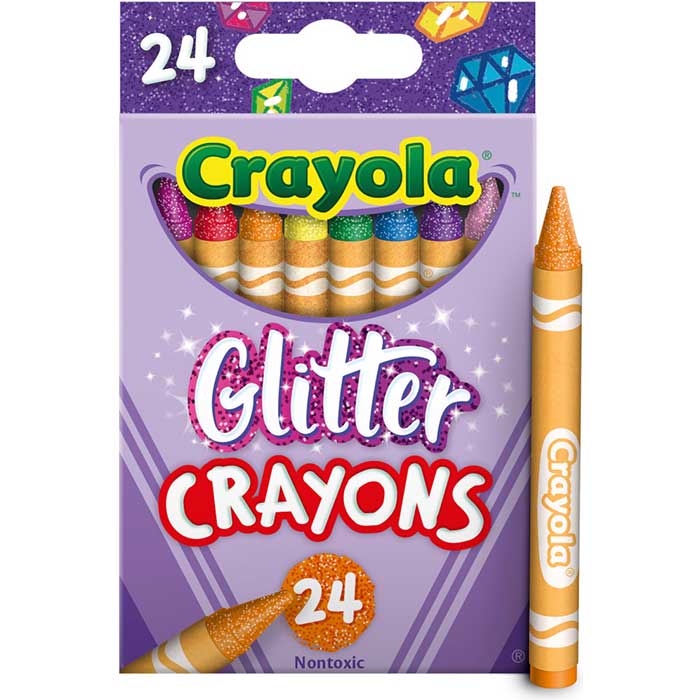 Glitter Crayons 24 Count. Front view with orange crayon.
