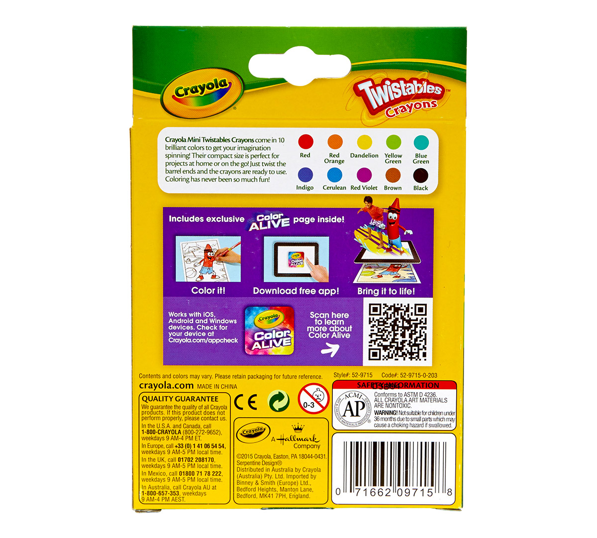 Twistables Crayons Mini 10 count back view of packaging