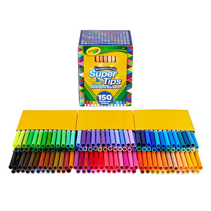 Super Tips Washable Markers, 150 Count packaging and contents.