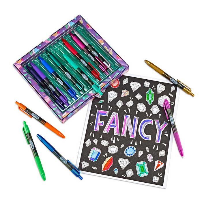 Matte & Shimmer Gel Ink Pens, 14 Pens. Contents in inner packaging and surrounding partially colored coloring page.