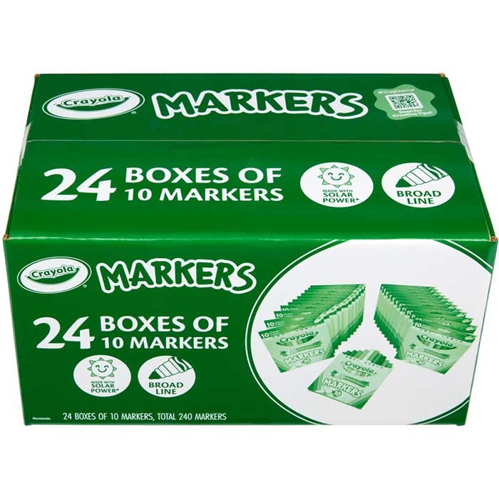 Bulk Marker Set, 24 Boxes of 10 Colors. Top and Front view.
